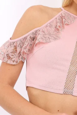 Rebellious Fashion Rose Halter Neck Frill Cold Shoulder Crop Top - Carlie