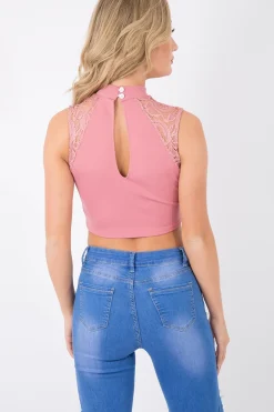 Rebellious Fashion Rose High Neck Cut Out Crochet Crop Top - Una