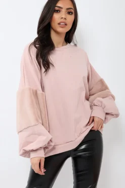 Rebellious Fashion Rose Jumper with Rose Fur Sleeves - Stephanie