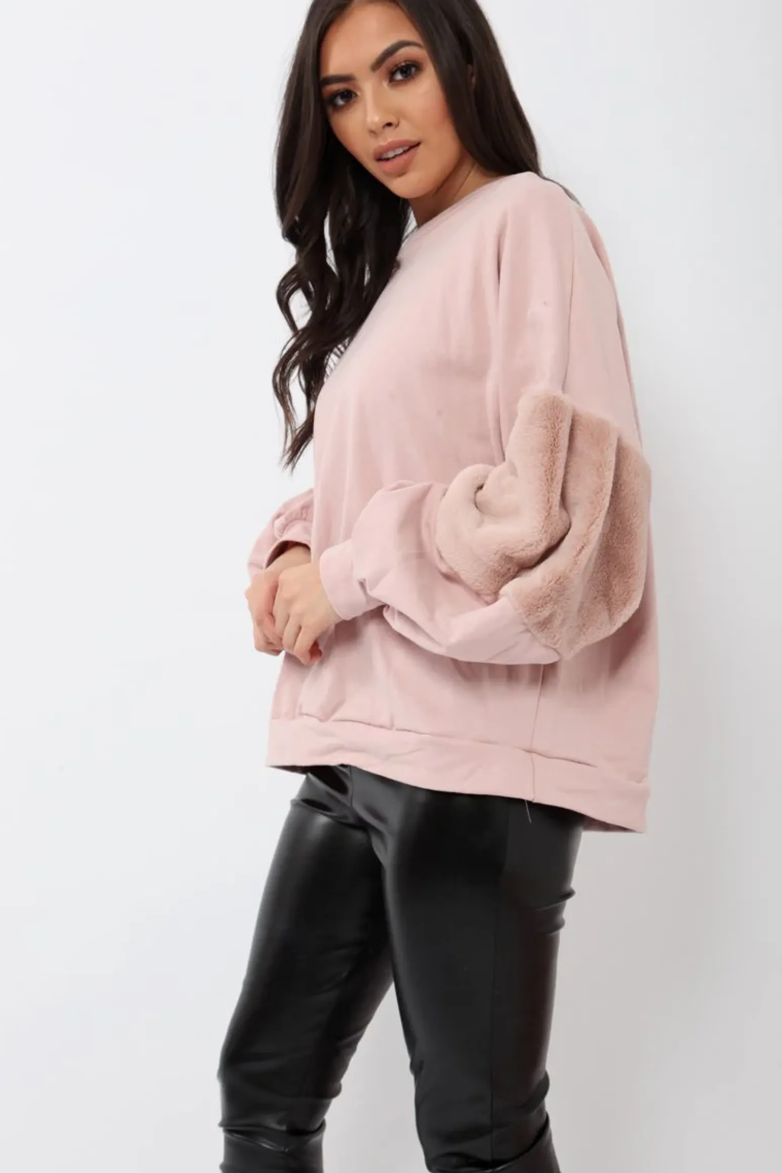 Rebellious Fashion Rose Jumper with Rose Fur Sleeves - Stephanie