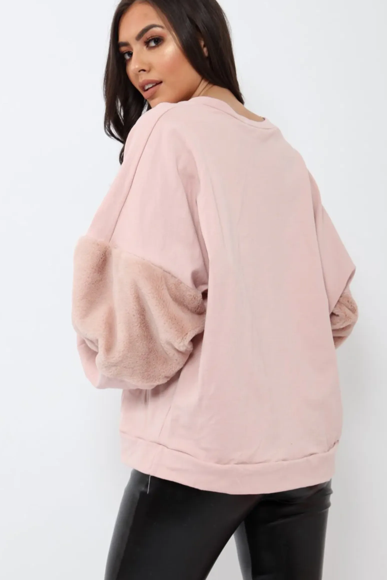 Rebellious Fashion Rose Jumper with Rose Fur Sleeves - Stephanie