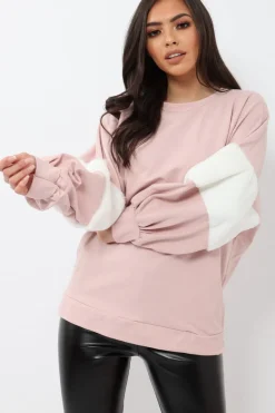 Rebellious Fashion Rose Jumper with White Fur Sleeves - Stephanie