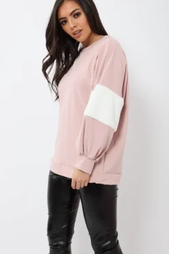 Rebellious Fashion Rose Jumper with White Fur Sleeves - Stephanie