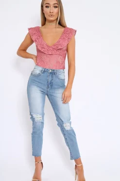 Rebellious Fashion Rose Lace Plunge Frill Bodysuit - Maelani