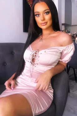 Rebellious Fashion Rose Lace Up Detail Satin Mini Dress - Tinslee