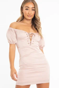 Rebellious Fashion Rose Lace Up Detail Satin Mini Dress - Tinslee