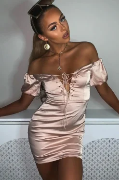 Rebellious Fashion Rose Lace Up Detail Satin Mini Dress - Tinslee
