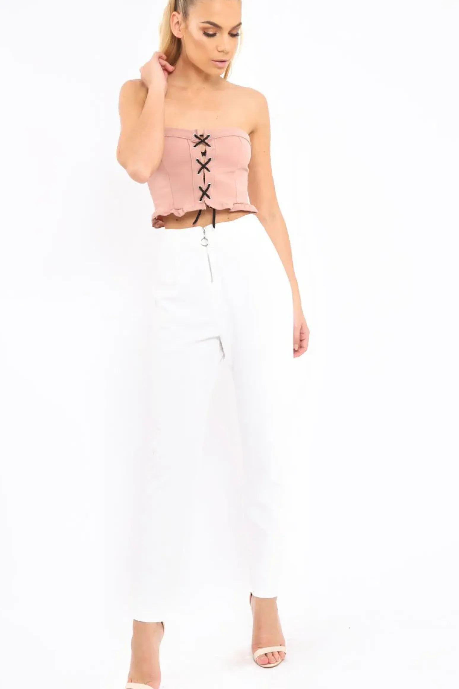 Rebellious Fashion Rose Lace Up Front Frill Bandeau Crop Top - Cyndi