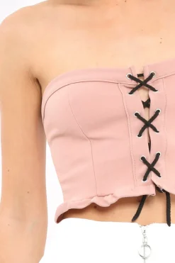 Rebellious Fashion Rose Lace Up Front Frill Bandeau Crop Top - Cyndi
