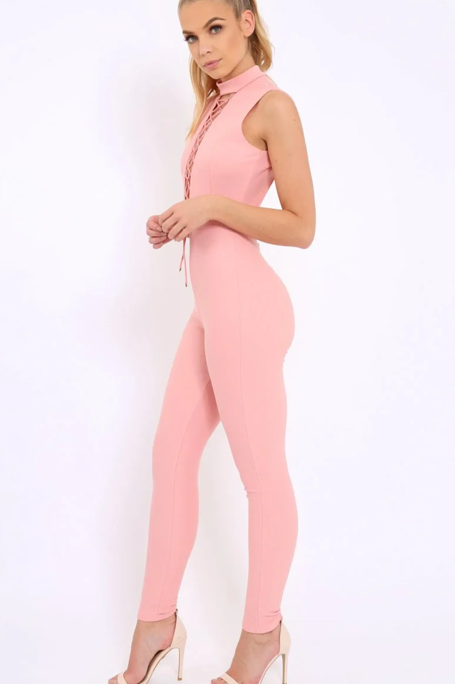 Rebellious Fashion Rose Lace Up Plunge Choker Neck Jumpsuit - Lissy