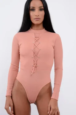 Rebellious Fashion Rose Lace Up Ribbed Bodysuit - Jasmina