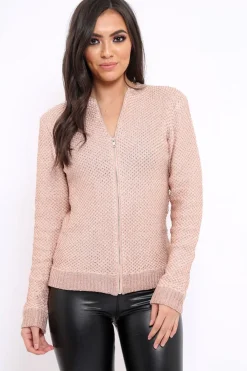 Rebellious Fashion Rose Metallic Knit Bomber Jacket - Freya
