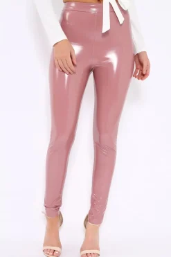 Rebellious Fashion Rose Pink Shiny Vinyl PU Leggings - Rio