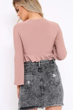 Rebellious Fashion Rose Plunge Flare Sleeve Crop Top with Frill Hem - Masie