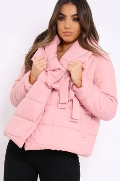Rebellious Fashion Rose Puffer Jacket with Tie Front - Lolamae