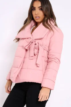 Rebellious Fashion Rose Puffer Jacket with Tie Front - Lolamae