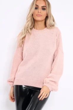 Rebellious Fashion Rose Puff Sleeve Pearl Chunky Knit Jumper - Nancie