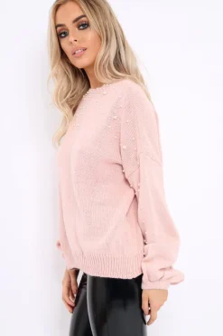 Rebellious Fashion Rose Puff Sleeve Pearl Chunky Knit Jumper - Nancie