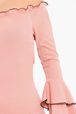 Rebellious Fashion Rose Ribbed Bell Sleeve Mini Dress - Ariana