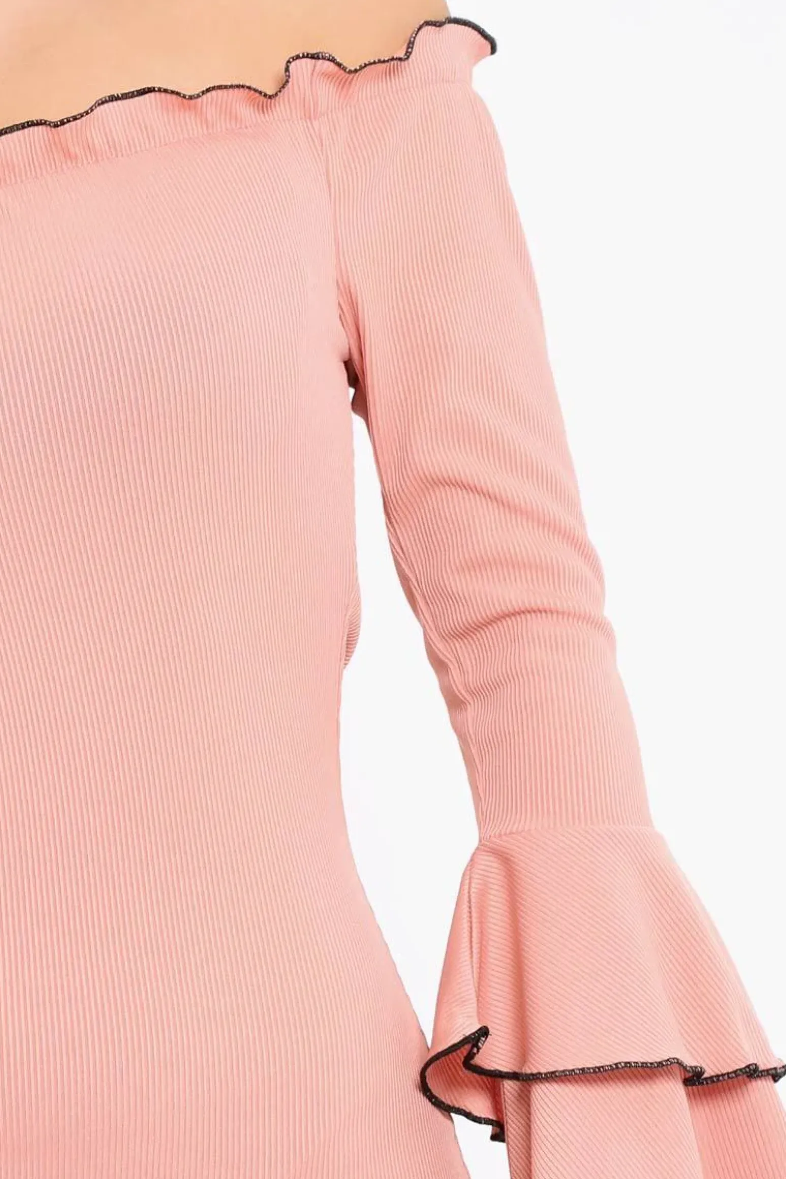 Rebellious Fashion Rose Ribbed Bell Sleeve Mini Dress - Ariana