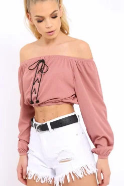Rebellious Fashion Rose Ribbed Lace Up Bardot Crop Top - Sara