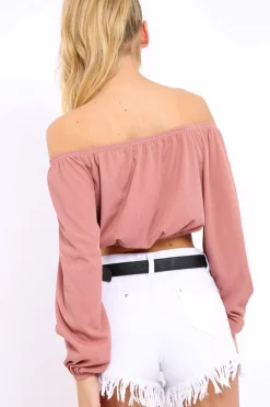 Rebellious Fashion Rose Ribbed Lace Up Bardot Crop Top - Sara