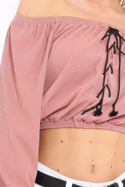 Rebellious Fashion Rose Ribbed Lace Up Bardot Crop Top - Sara