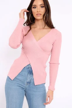 Rebellious Fashion Rose Ribbed Thin Knit Wrap Top - Jordi
