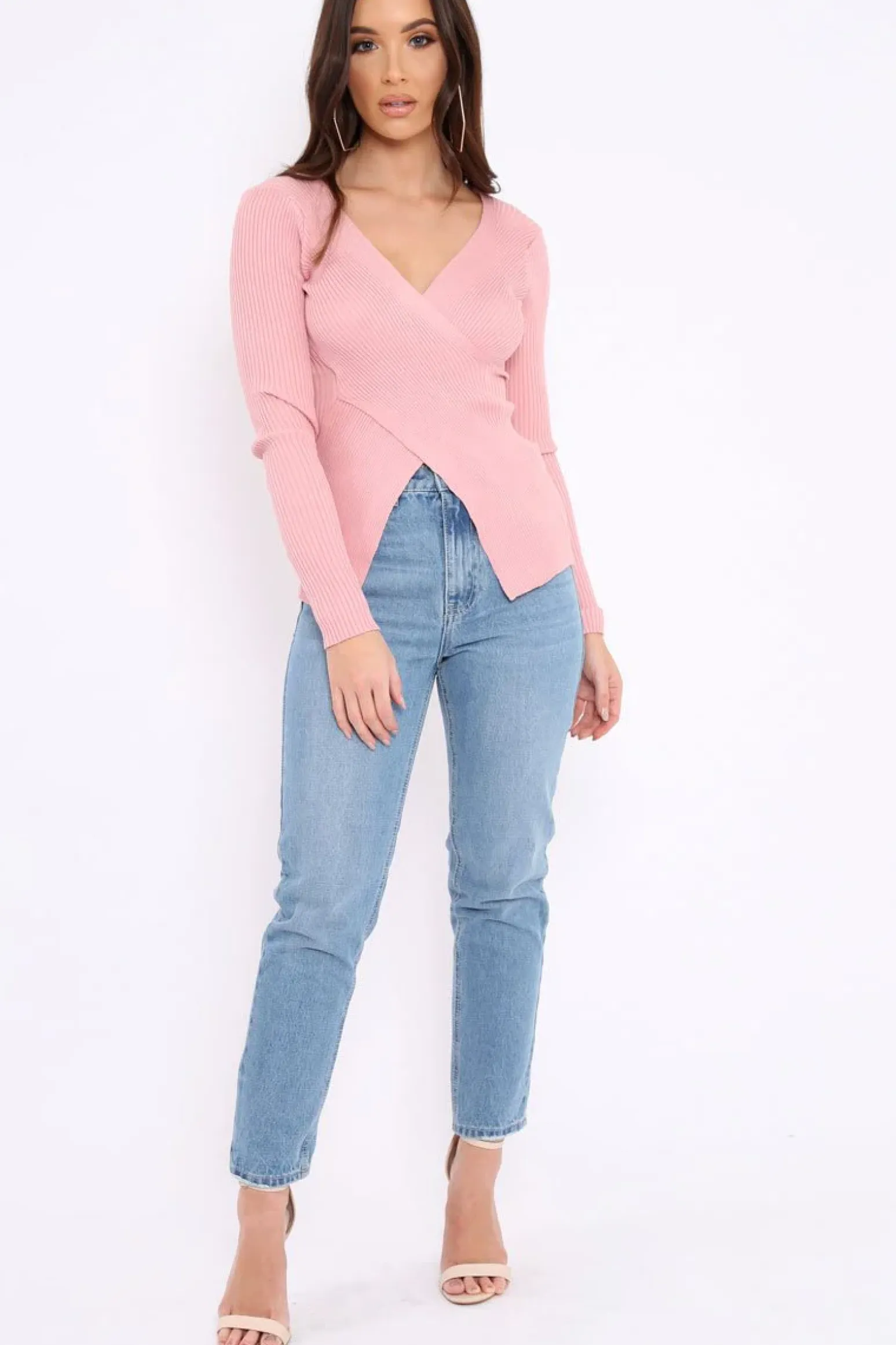 Rebellious Fashion Rose Ribbed Thin Knit Wrap Top - Jordi