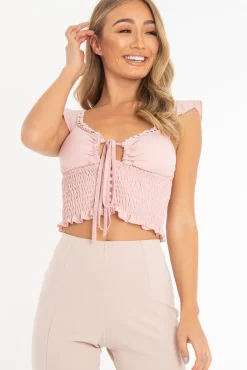 Rebellious Fashion Rose Ruched Button Tie Up Padded Bra Crop Top - Aden