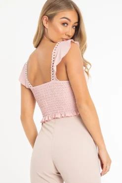 Rebellious Fashion Rose Ruched Button Tie Up Padded Bra Crop Top - Aden