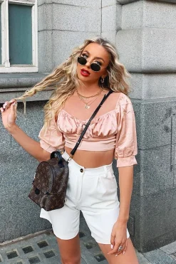 Rebellious Fashion Rose Satin Tie Front Crop Top - Jasie