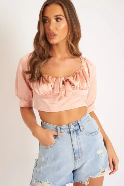 Rebellious Fashion Rose Satin Tie Front Crop Top - Jasie