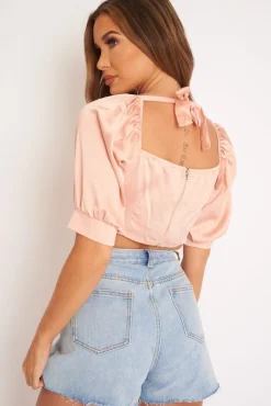 Rebellious Fashion Rose Satin Tie Front Crop Top - Jasie