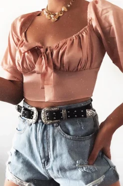 Rebellious Fashion Rose Satin Tie Front Crop Top - Jasie