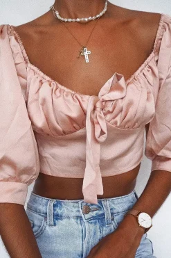 Rebellious Fashion Rose Satin Tie Front Crop Top - Jasie