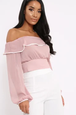 Rebellious Fashion Rose Sheer Bardot Crop Top - Pia