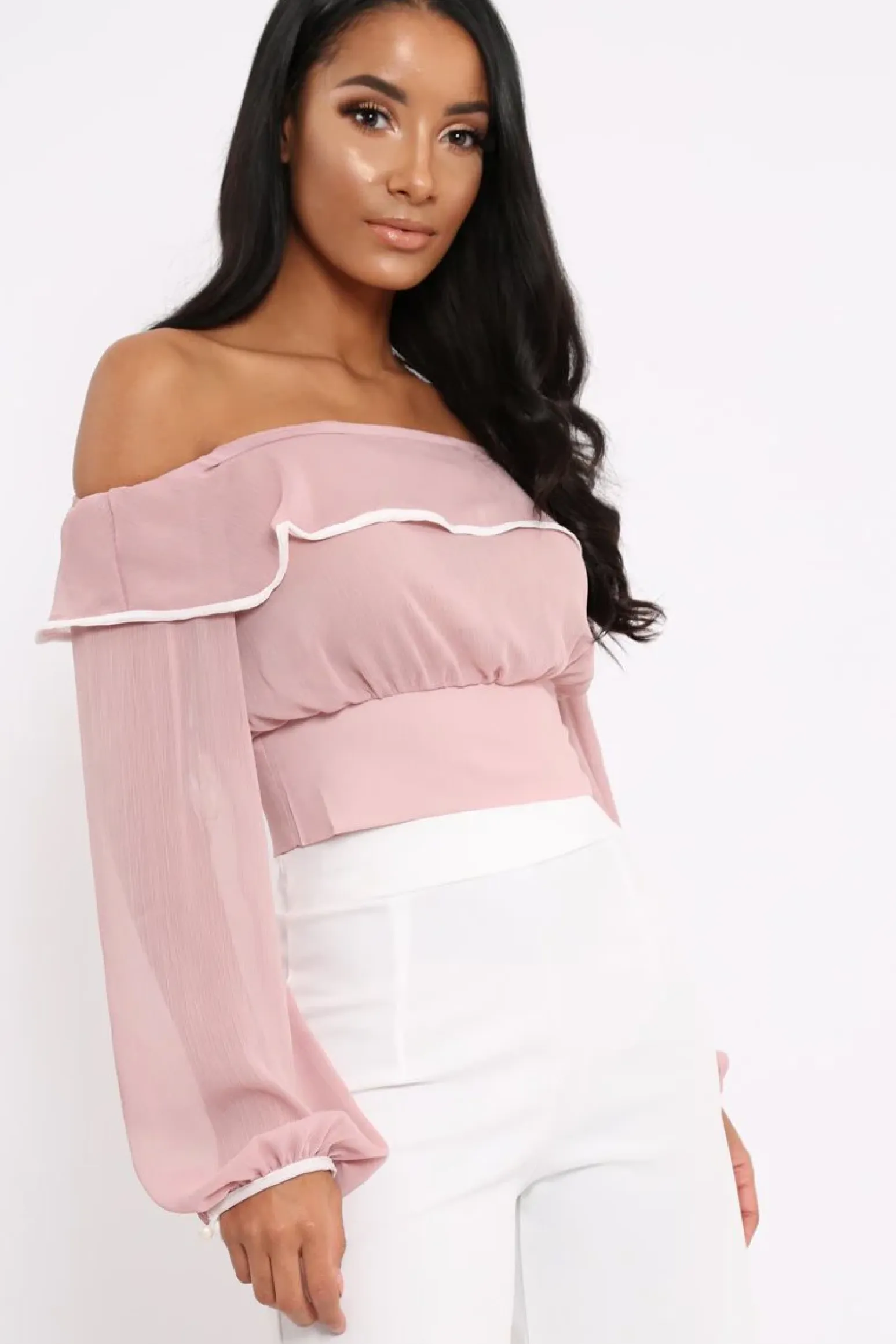 Rebellious Fashion Rose Sheer Bardot Crop Top - Pia