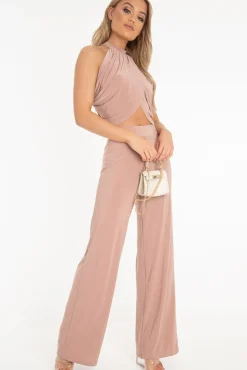 Rebellious Fashion Rose Slinky High Waist Wide Leg Trousers - Traci