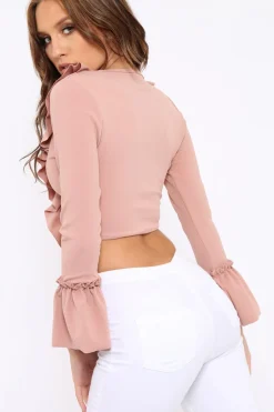 Rebellious Fashion Rose Tie Front Bell Sleeve Crop Top - Angelina