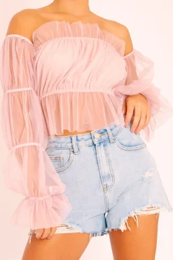 Rebellious Fashion Rose Tulle Mesh Bardot Crop Top - Gemini