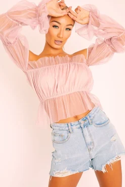 Rebellious Fashion Rose Tulle Mesh Bardot Crop Top - Gemini