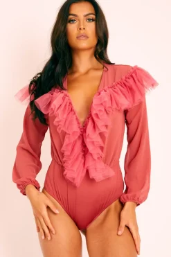 Rebellious Fashion Rose Tulle Ruffle Plunge Bodysuit - Jolie