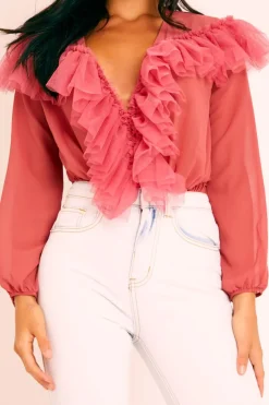 Rebellious Fashion Rose Tulle Ruffle Plunge Bodysuit - Jolie