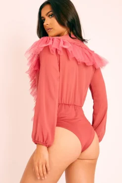 Rebellious Fashion Rose Tulle Ruffle Plunge Bodysuit - Jolie