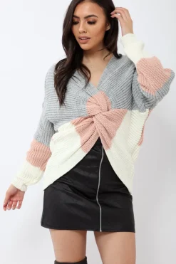 Rebellious Fashion Rose White and Grey Knot Knit Jumper - Kerri