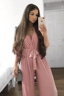Rebellious Fashion Rose Wrap Front Plisse Leg Jumpsuit - Haiden