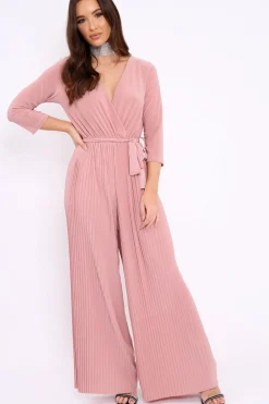 Rebellious Fashion Rose Wrap Front Plisse Leg Jumpsuit - Haiden
