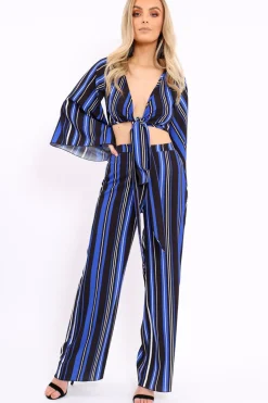 Rebellious Fashion Royal Blue, Black and White Striped High Waist Flare Trousers - Jen