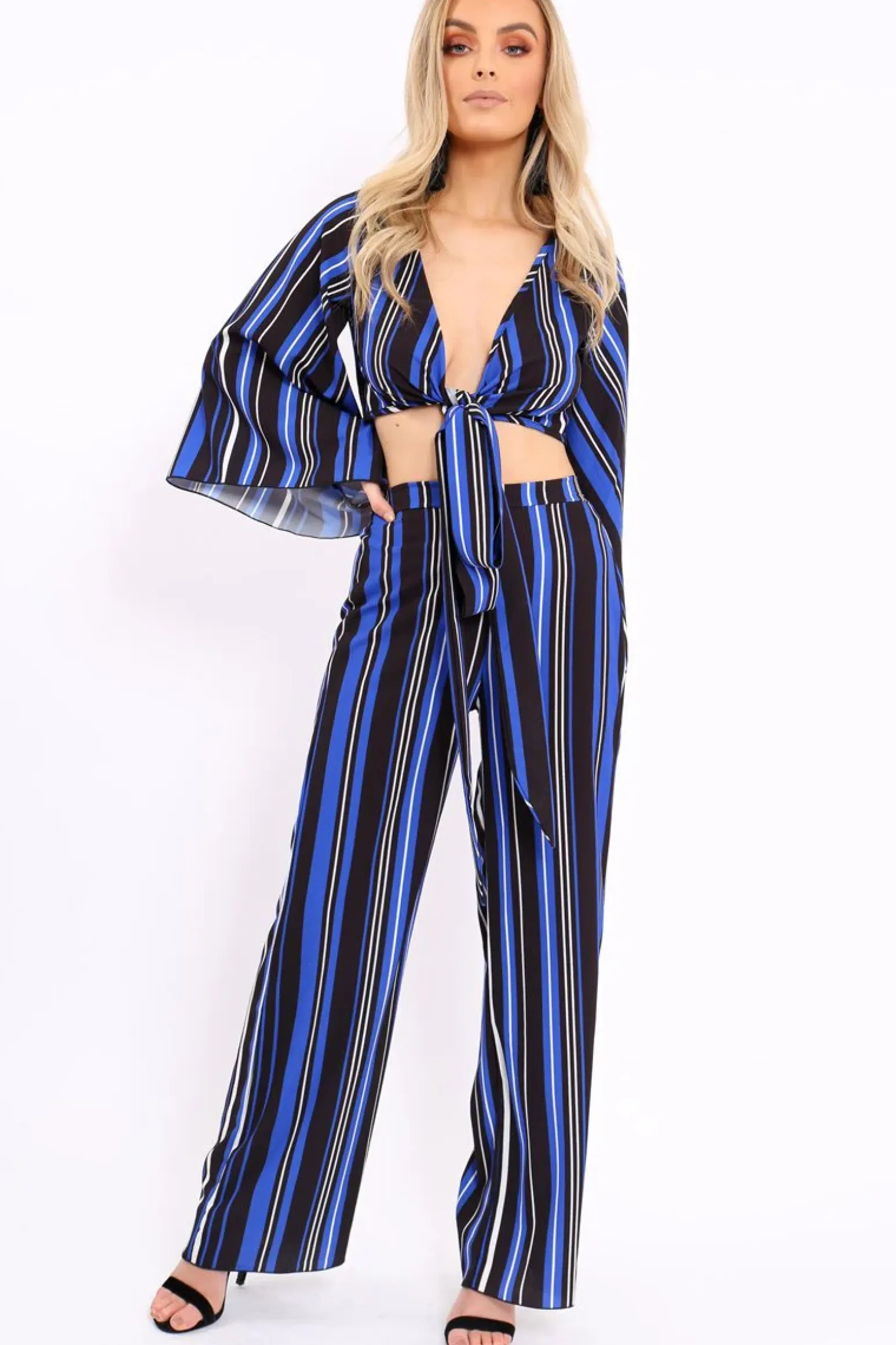 Rebellious Fashion Royal Blue, Black and White Striped High Waist Flare Trousers - Jen